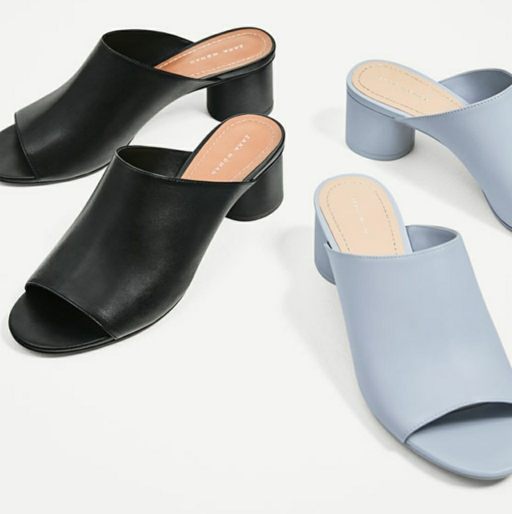 Zara Black and Light Blue Open-Toe Leather Mules